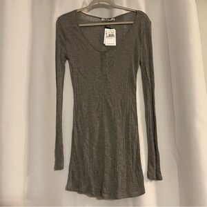 NEW T by Alexander Wang Sheer Grey Henley Long Sleeve Dress